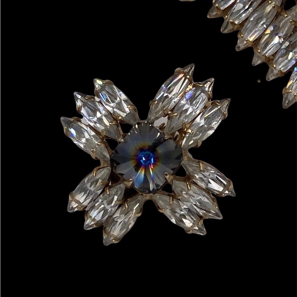 Vintage Austria Smoky Blue Square Rivoli Rhinestone Brooch Earring Set - Picture 4 of 8